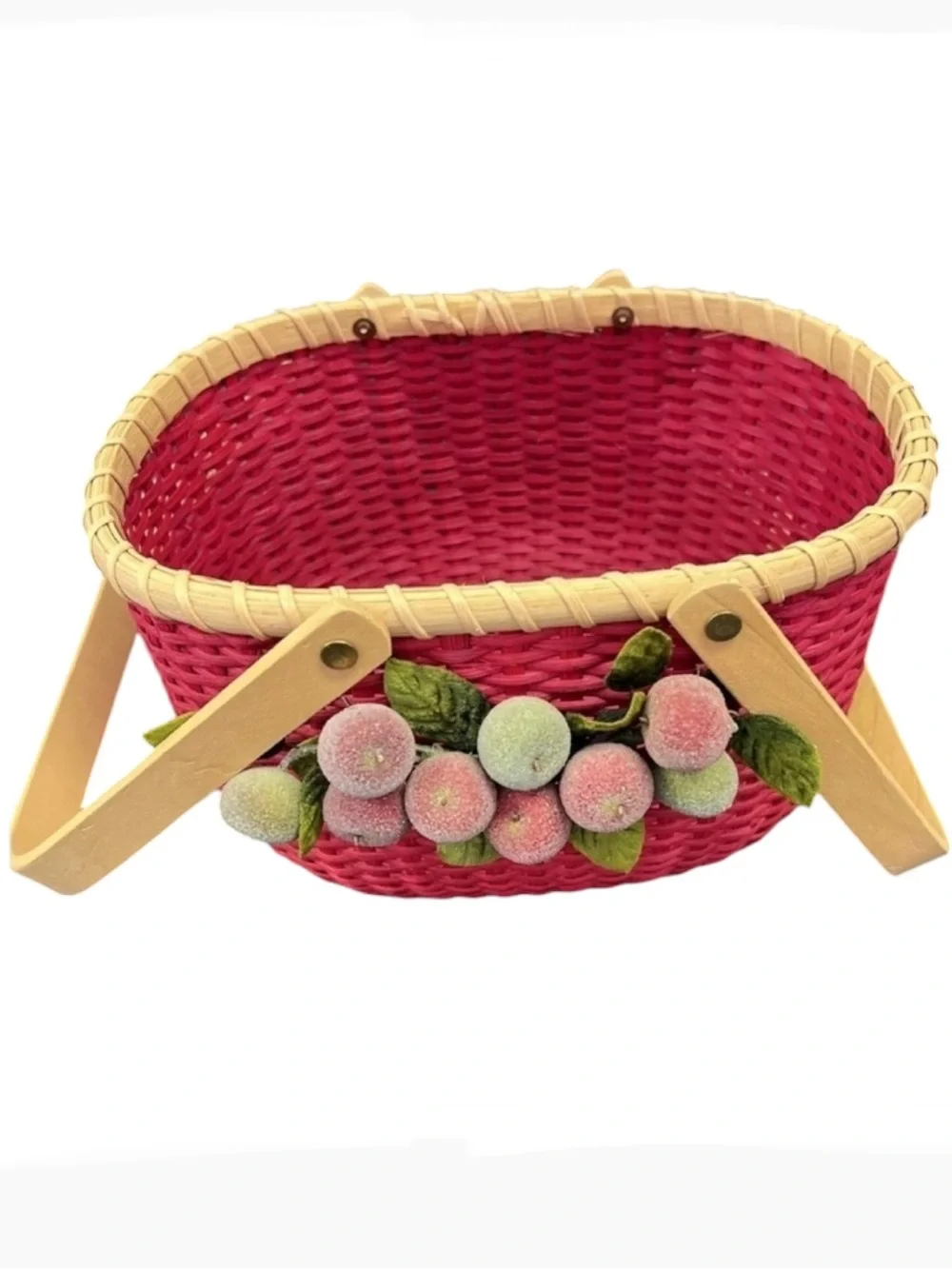 Vintage Red Woven Peterboro Oval Basket With Sugared Fruit & Double Handles
